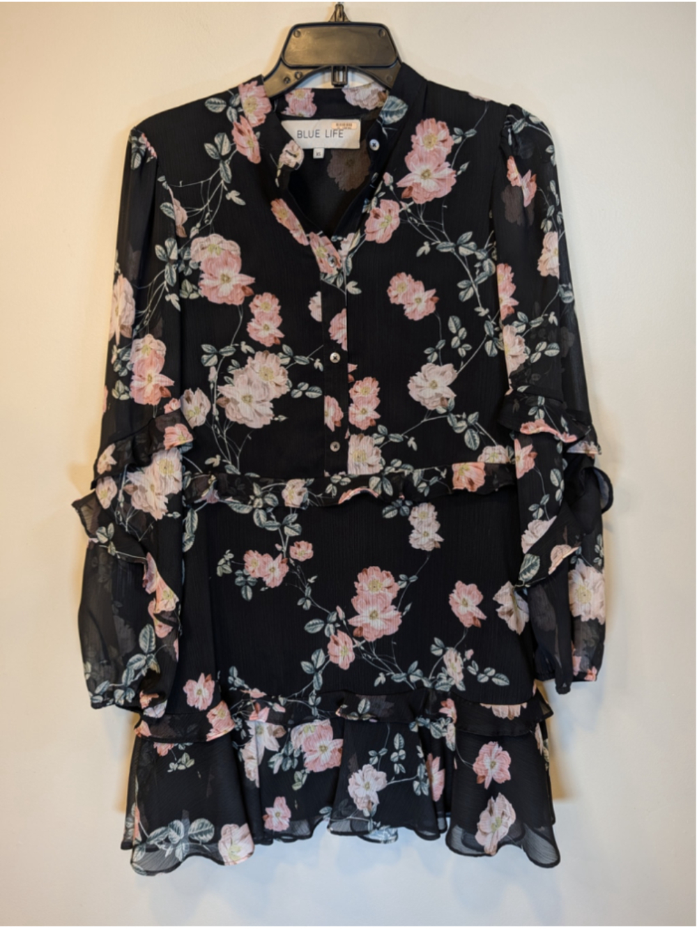 Blue Life Chiffon Sheer Ruffle Floral Dress Long Sleeve Black Pink Mini XS